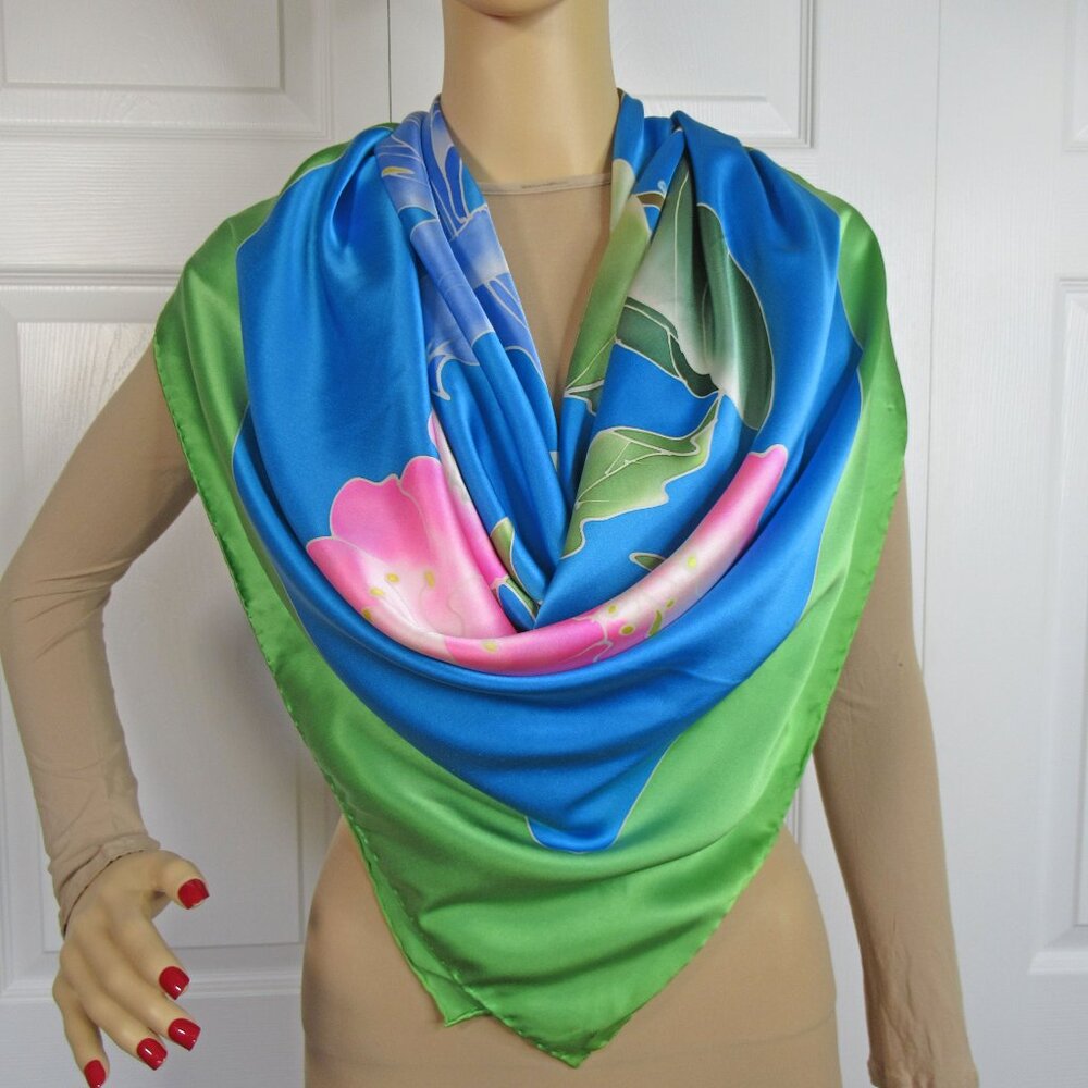 Tropical print 44 inch Scarf / Pareo / Shawl, Green, teal, pink blue floral - Picture 8 of 14